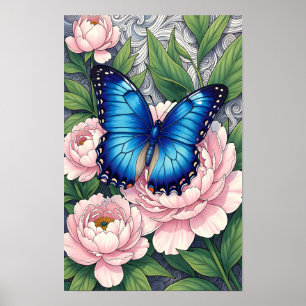 Blue Morpho Butterfly Floral Botanical Art Poster