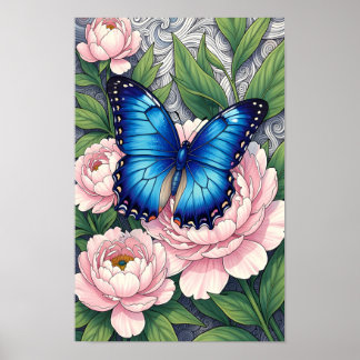 Blue Morpho Butterfly Floral Botanical Art Poster