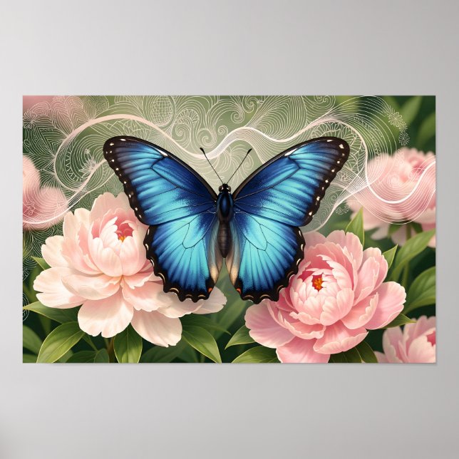 Blue Morpho Butterfly Floral Botanical Art Poster (Front)