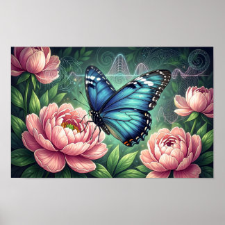 Blue Morpho Butterfly Floral Botanical Art Poster