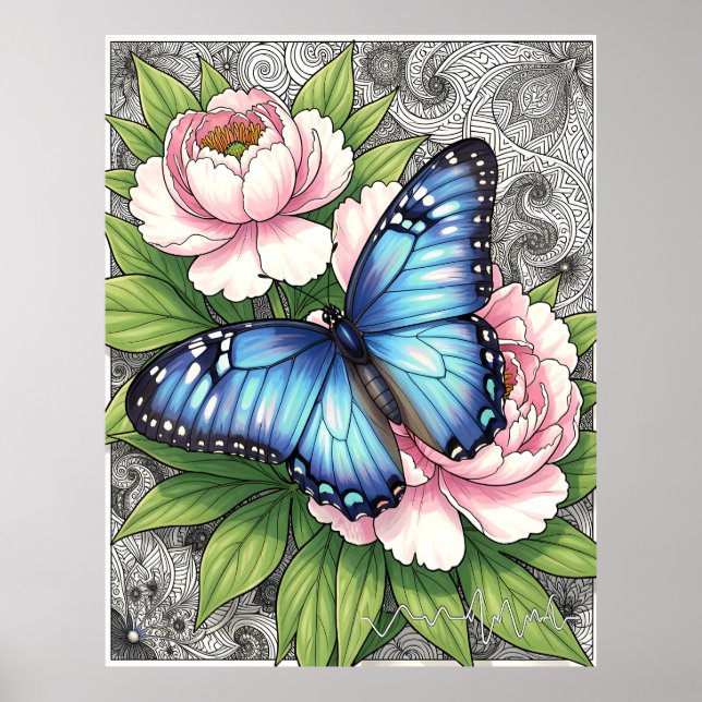  Blue Morpho Butterfly Floral Botanical Art  Poster (Front)