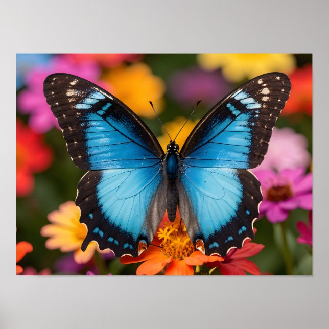 Blue Morpho Butterfly Floral Botanical Photo Art Poster (Front)