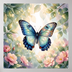 Blue Morpho Butterfly Floral Botanical Watercolor Poster