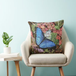 Blue Morpho Butterfly Floral Nature Art Cushion