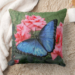Blue Morpho Butterfly Floral Nature Art Cushion