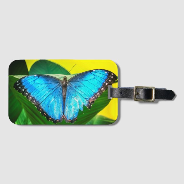 Blue Morpho Butterfly Floral Nature Art Luggage Tag (Front Horizontal)