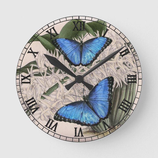 Blue Morpho Butterfly Floral Nature Art Round Clock (Front)