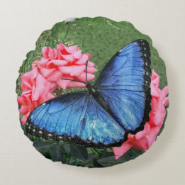 Blue Morpho Butterfly Floral Nature Art Round Cushion