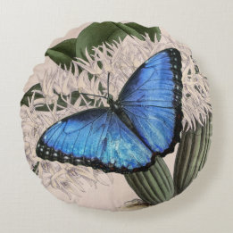 Blue Morpho Butterfly Floral Nature Art Round Cushion