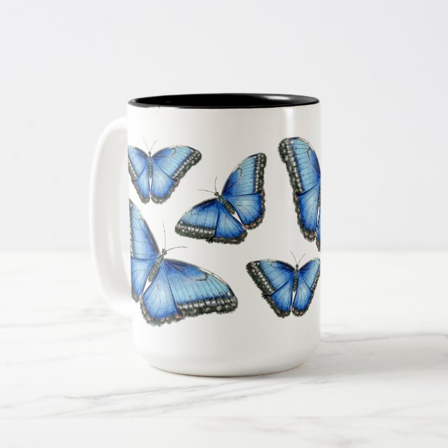 Blue Morpho Butterfly Illustration Two-Tone Coffee Mug (Front Left)