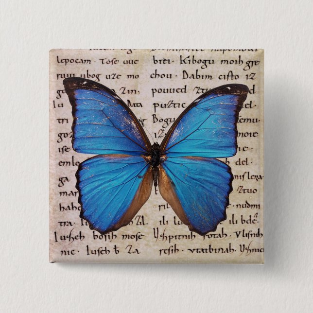 Blue Morpho Butterfly on Book Page 15 Cm Square Badge (Front)