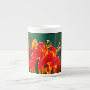 Blue morpho butterfly on Crocosmia Lucifer flowers Bone China Mug