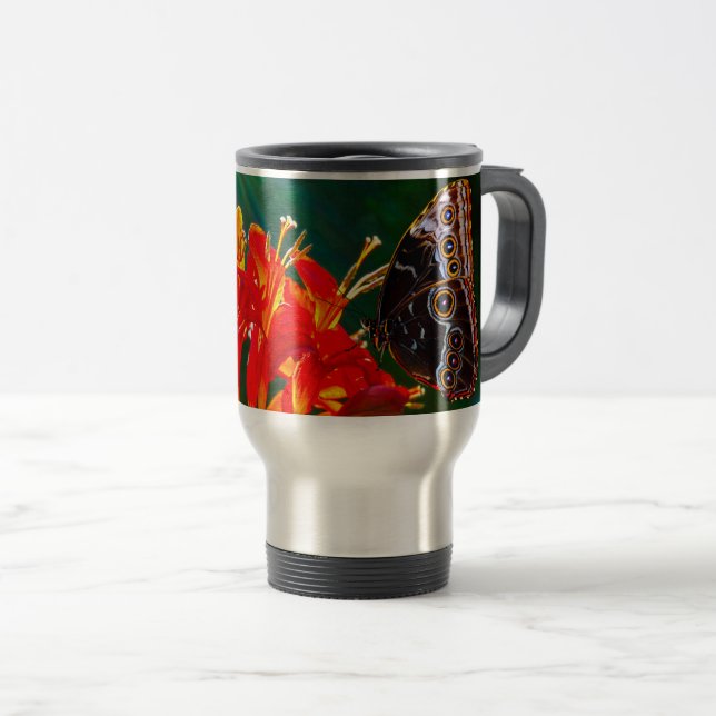 Blue morpho butterfly on Crocosmia Lucifer flowers Travel Mug (Front Right)