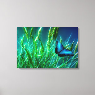Blue Morpho Butterfly on Green Grass Canvas Print