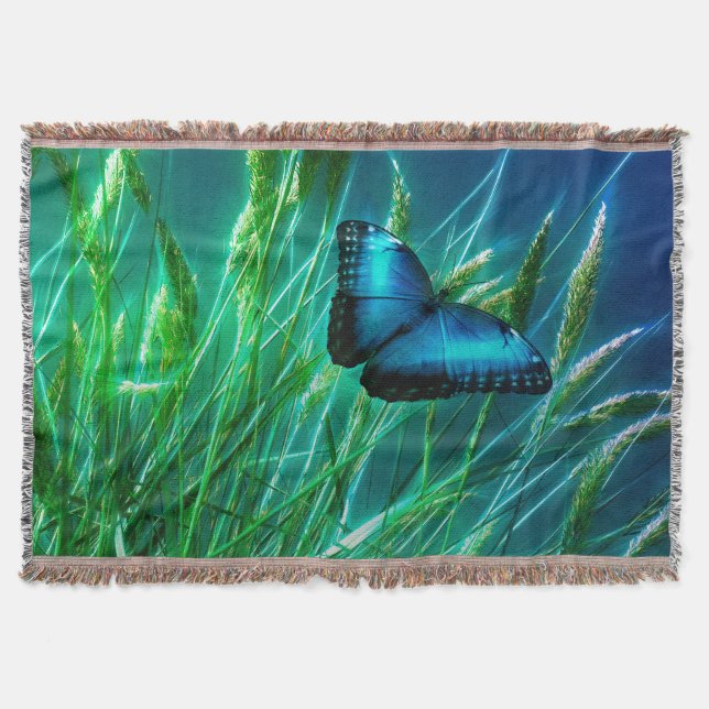 Blue Morpho Butterfly on Green Grass Throw Blanket (Front)