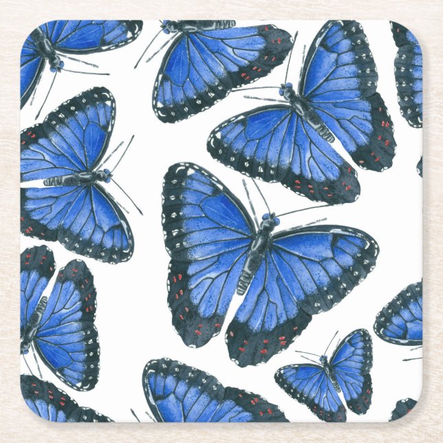 Blue morpho butterfly pattern design square paper coaster (Front)