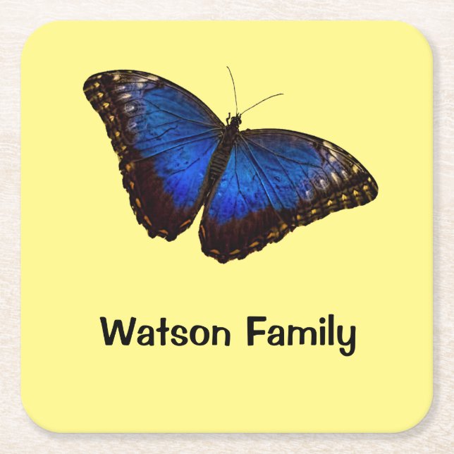 Blue Morpho Butterfly personalised Square Paper Coaster (Front)