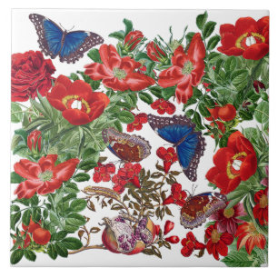 Blue Morpho Butterfly Rose Peony Flowers Tile