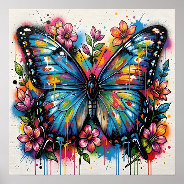 Blue Morpho Butterfly Street Art Graffiti Grunge Poster (Front)