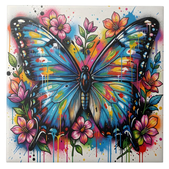 Blue Morpho Butterfly Street Art Graffiti Grunge Tile (Front)