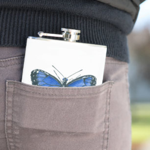 Blue Morpho butterfly watercolor painting Hip Flask