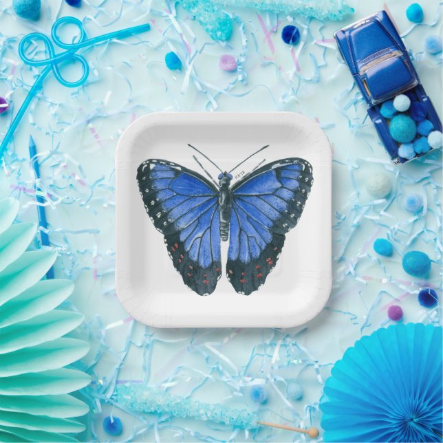 Blue Morpho butterfly watercolor painting Paper Plate (Party)