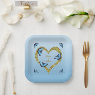 Blue morpho butterfly with golden heart   paper plate