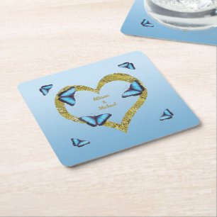 Blue morpho butterfly with golden heart   square paper coaster