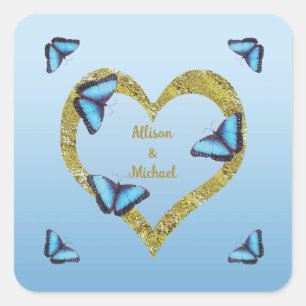 Blue morpho butterfly with golden heart  square sticker