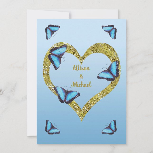 Blue morpho butterfly with golden heart wedding invitation (Front)