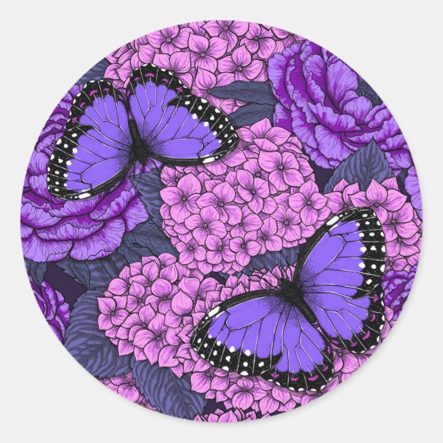 Blue morpho garden 2 classic round sticker (Front)