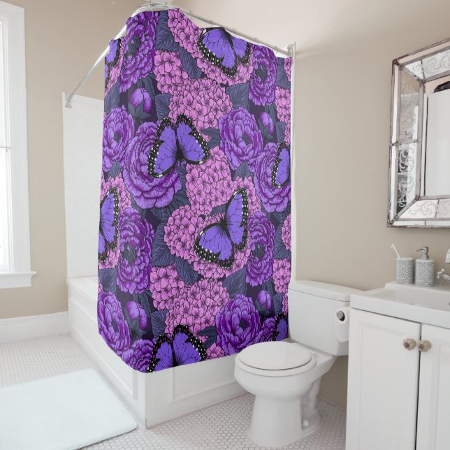 Blue morpho garden 2 shower curtain (In Situ)