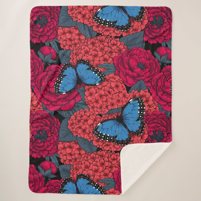 Blue morpho garden sherpa blanket (Front)