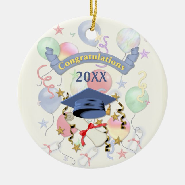 Blue Mortar and Diploma Graduation Ceramic Tree Decoration (Front)