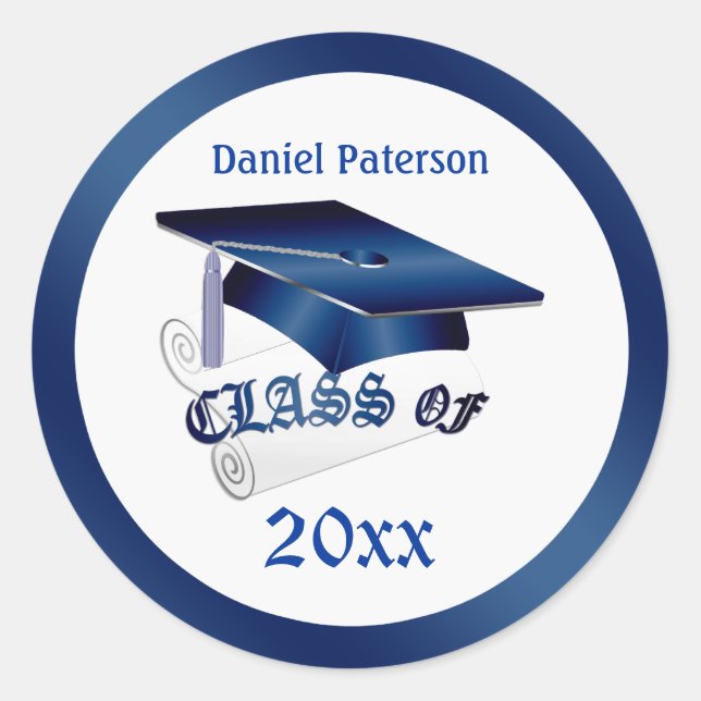 Blue Mortar, diploma Class of any year Graduation Classic Round Sticker (Front)