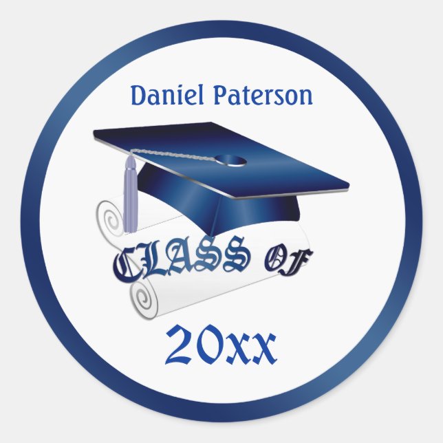 Blue Mortar, diploma Class of any year Graduation Classic Round Sticker (Front)