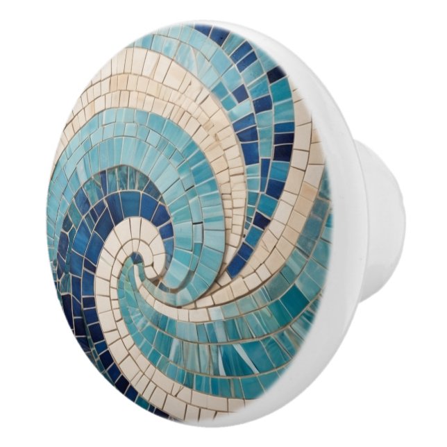 Blue Mosaic Abstract Ocean Wave Swirl Sea Theme Ceramic Knob (Right)