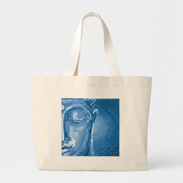 Blue Mosaic Buddha Face Large Tote Bag (Front)