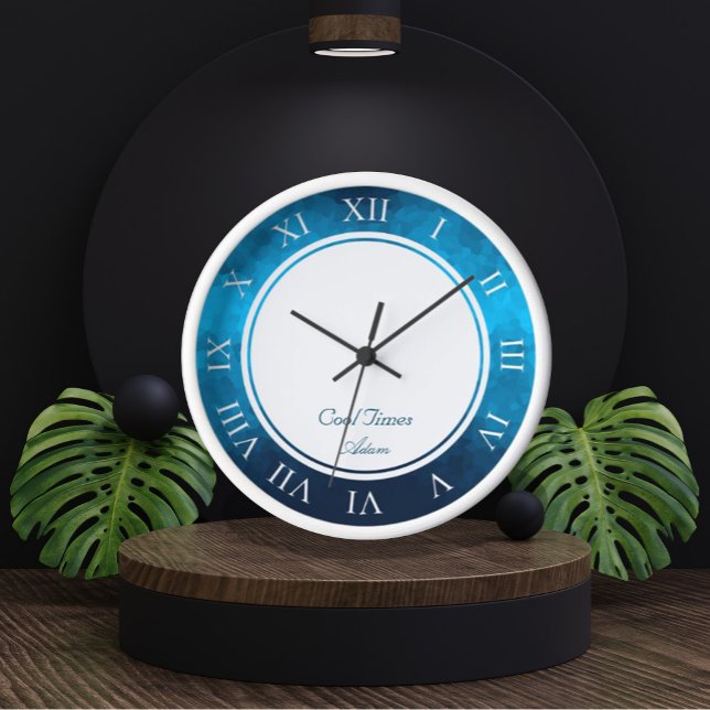 Blue Mosaic Geometric Pattern Clock (Custom Name & Image Crystallized Blue Background Clock by Looly Elzayat)