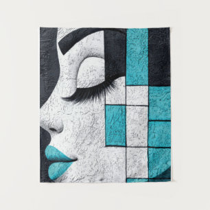 Blue Mosaic Girl Face Abstract Portrait Tapestry