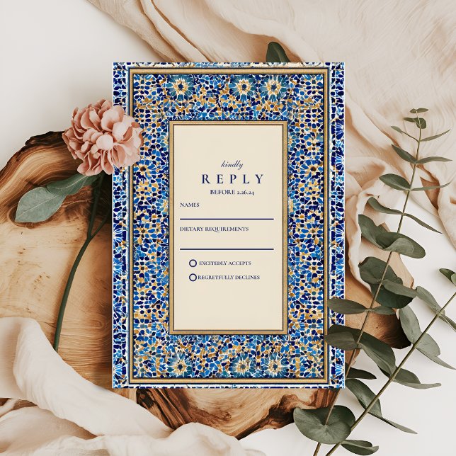 Blue Mosaic Islamic Wedding RSVP Card (Creator Uploaded)