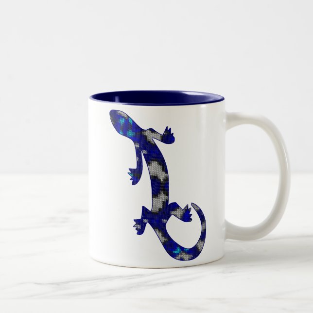 Blue Mosaic Pattern Gecko Lizard Reptile Art Two-Tone Coffee Mug (Right)