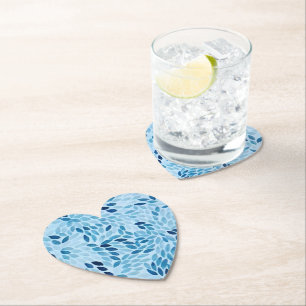 Blue Mosaic Petals Heart Paper Coaster