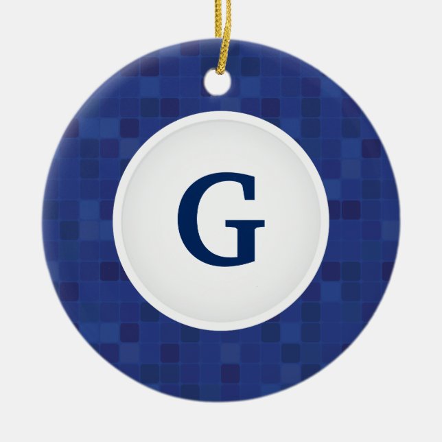 Blue mosaic pixel pattern personalised monogram  ceramic tree decoration (Front)