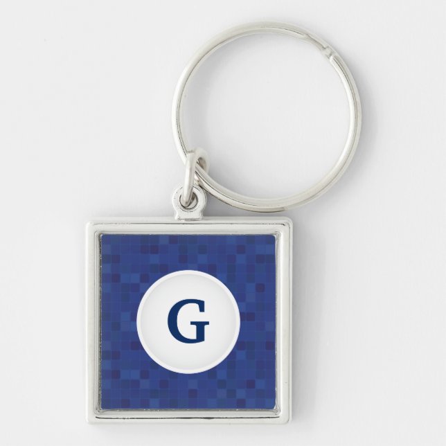 Blue mosaic pixel pattern personalised monogram key ring (Front)