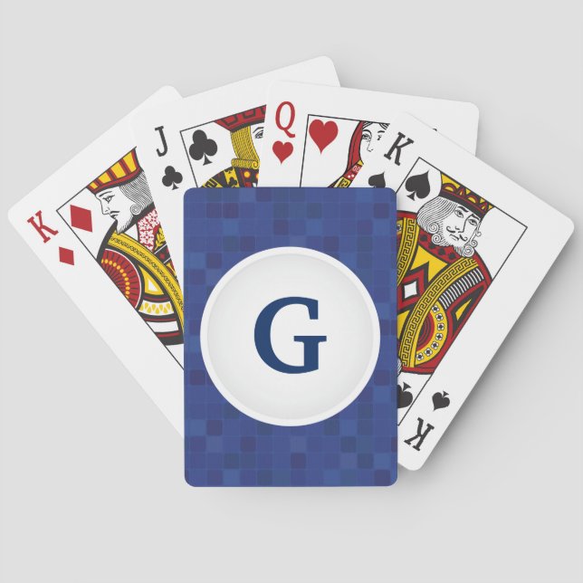 Blue mosaic pixel pattern personalised monogram playing cards (Back)
