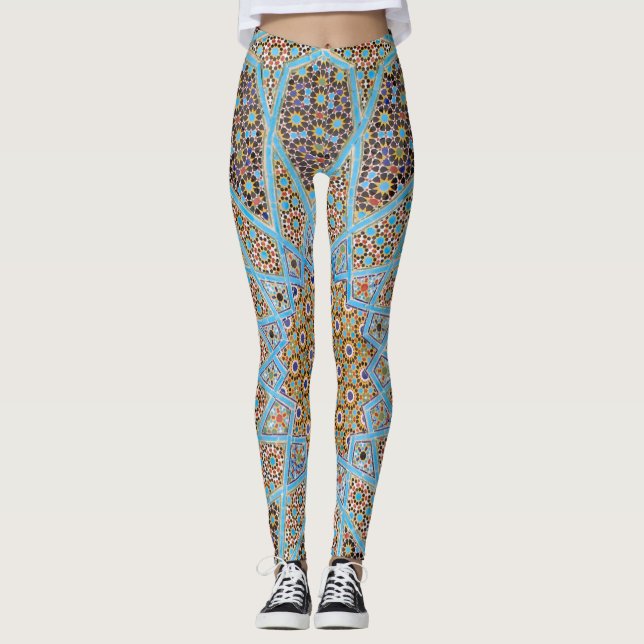 Blue Mosaic Tile Paisley  Leggings (Front)