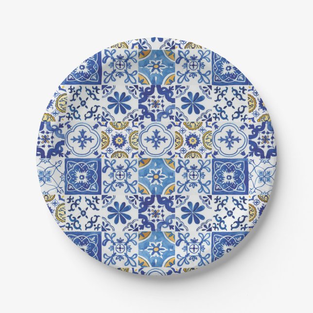 Blue Mosaic Tiles Birthday Bridal Baby Shower  Paper Plate (Front)