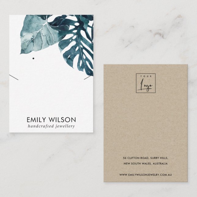 BLUE MOSTERA FAUNA NECKLACE EARRING COMBO DISPLAY BUSINESS CARD (Front/Back)