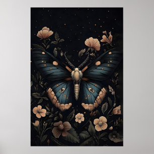 Blue Moth Botanical Print, Dark Academia Wall Art